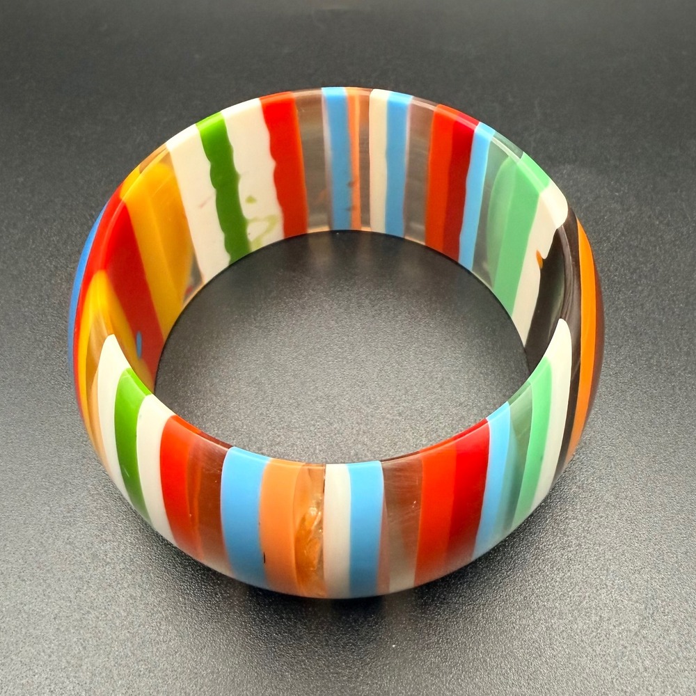 Vintage Bangle Bracelet Multicolor Laminated Striped Bullseye Chunky‎ Acrylic 8 - Picture 6 of 10